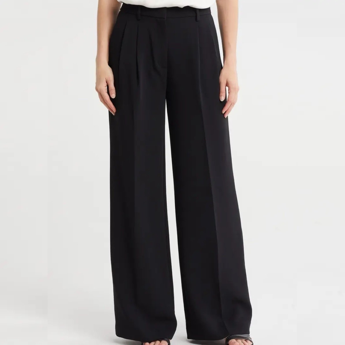 Dkny Mid Rise Wide Leg Full Length Pleated Dress Pants Black Pull On Womens 14